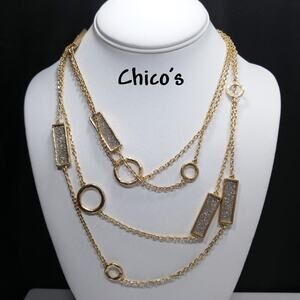 Chico's Long Gold Tone Necklace Crystal Dust Beads, New With Tags, 40 Inches